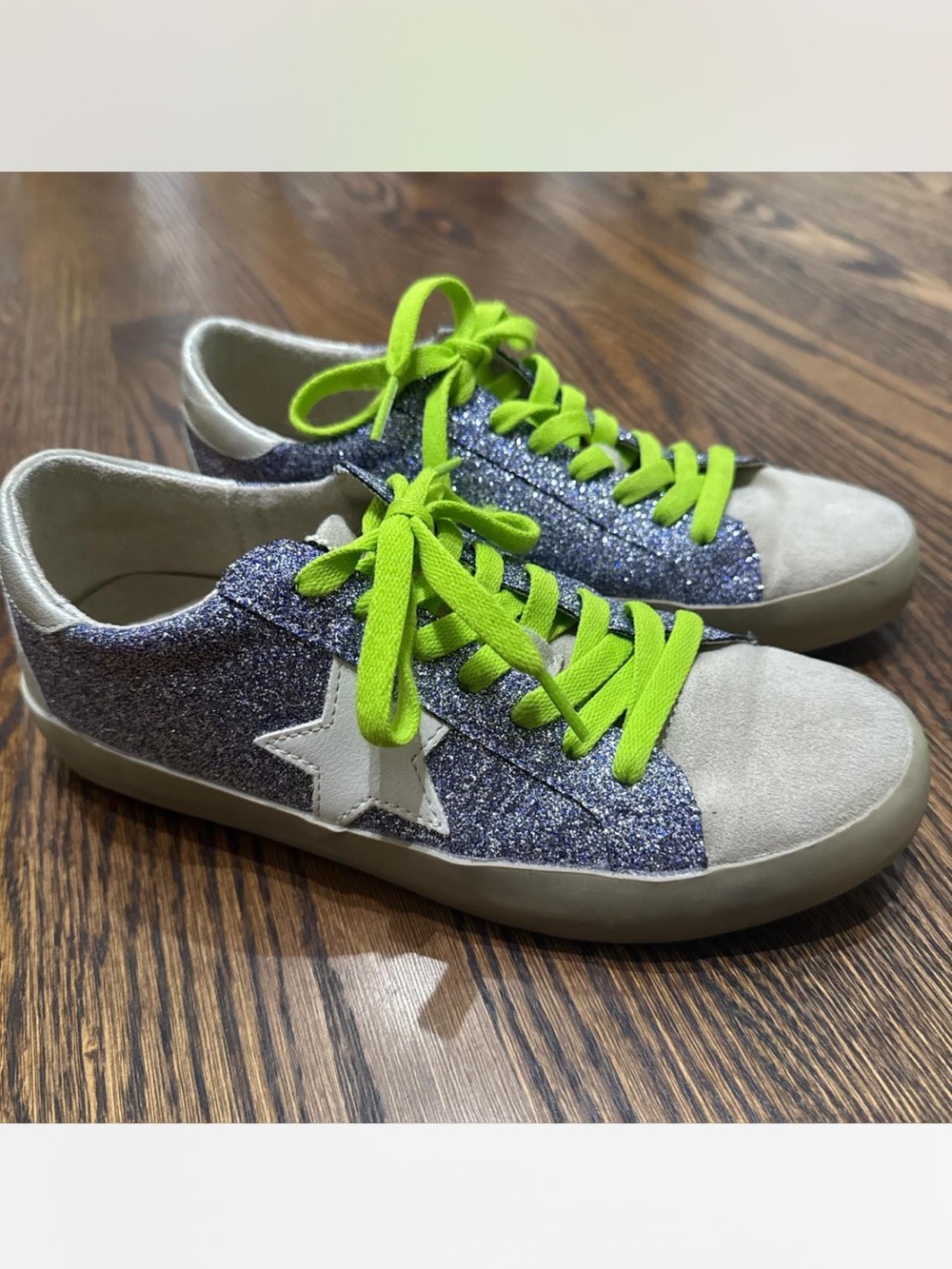 ShuShop Glitter Star Sneakers with Neon Green Laces